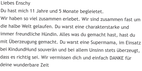 Liebes Enschy Du hast mich 11 Jahre und 5 Monate begleietet. Wir haben so viel zusammen erlebet. Wir sind zusammen fast um die halbe Welt gelaufen. Du warst eine charakterstarke und immer freundliche H�ndin. Alles was du gemacht hast, hast du mit �berzeugung gemacht. Du warst eine Supermama, im Einsatz bei KindundHund souver�n und bei allem Unsinn stets �berzeugt, dass es richtig sei. Wir vermissen dich und einfach DANKE f�r deine wunderbare Zeit