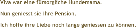  Viva war eine f�rsorgliche Hundemama. Nun geniesst sie ihre Pension. Ich hoffe ihre Liebe noch lange geniessen zu k�nnen.